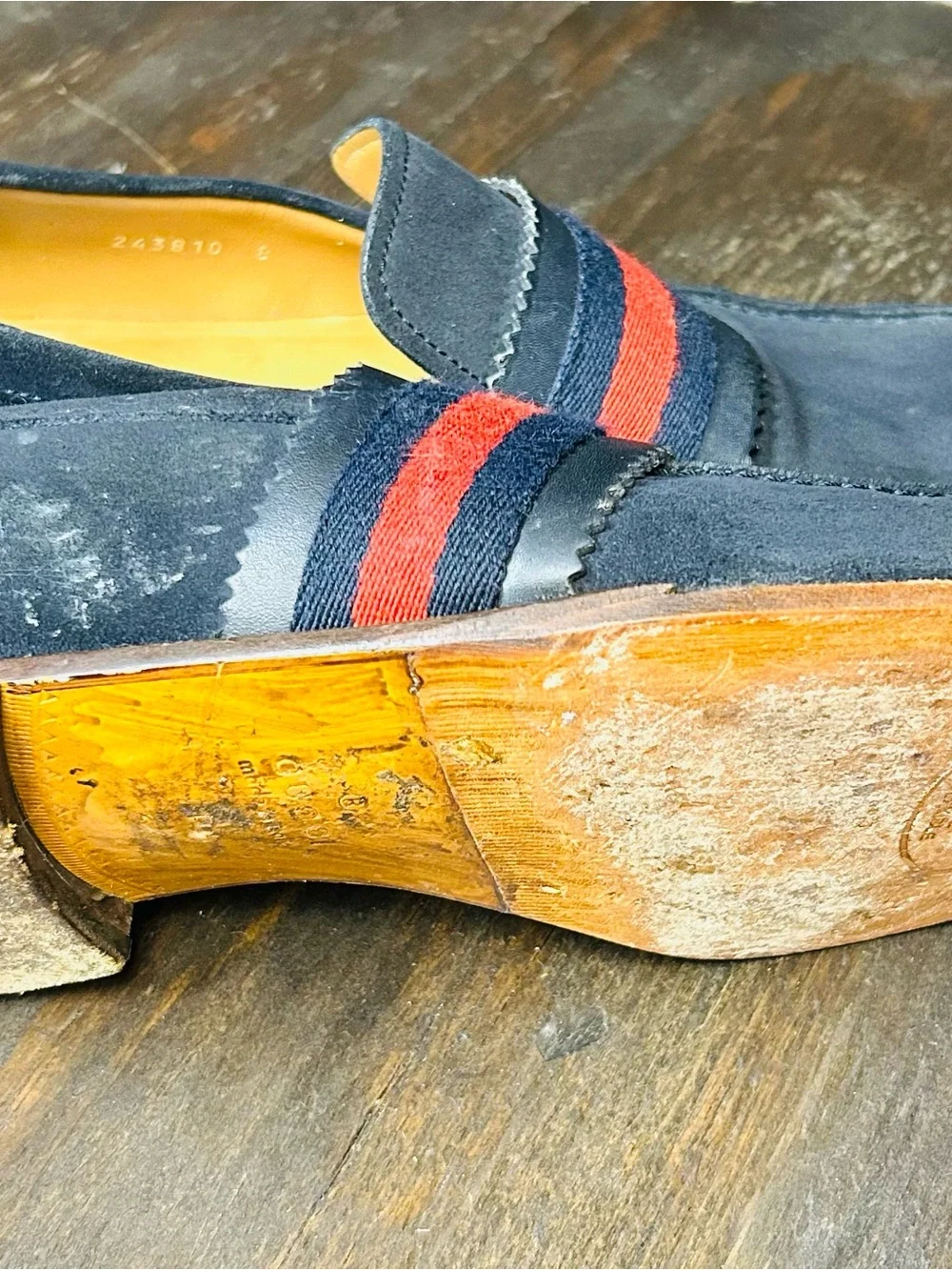 Gucci Navy Suede Loafers with Red & Navy Web Band